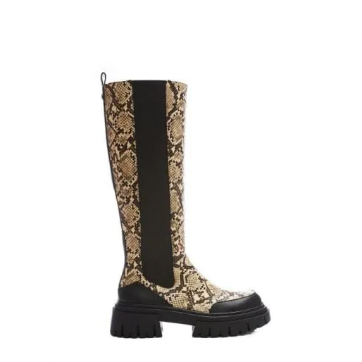 Hanah Cream Snake Print Women Moda In Pelle Knee High Boots