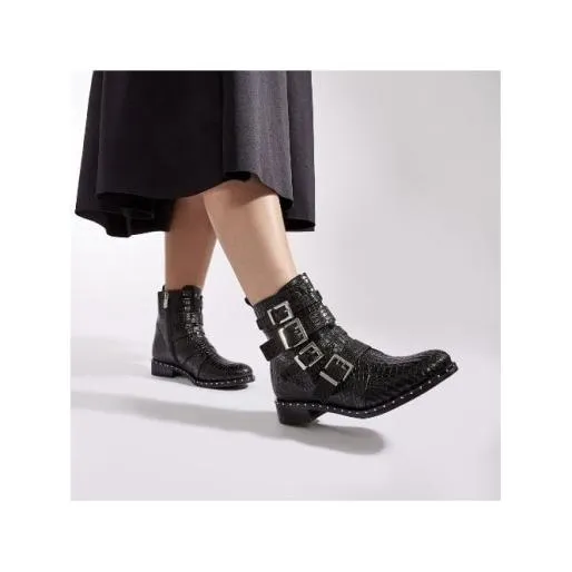 Kistana Black Croc Women Moda In Pelle Ankle Boots