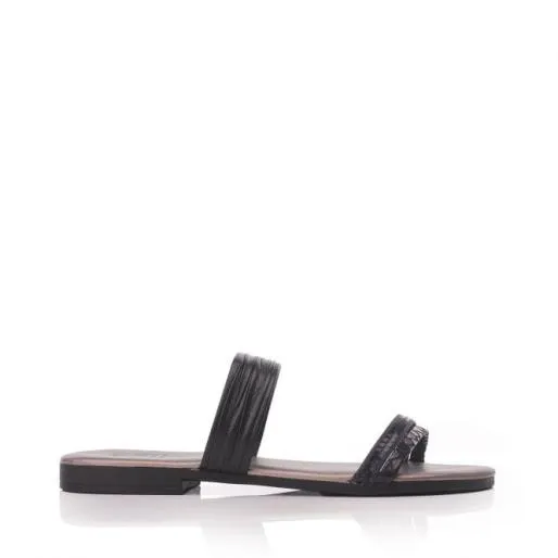 Lari Black Leather Women Moda In Pelle Flat Sandals