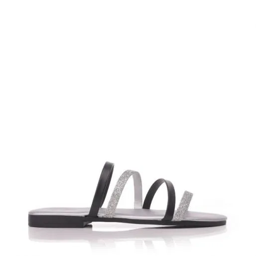 Lari Jet Black Leather Women Moda In Pelle Flat Sandals