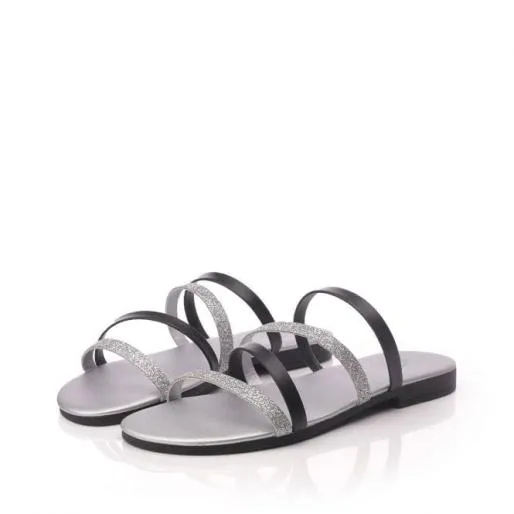 Lari Jet Black Leather Women Moda In Pelle Flat Sandals Lari Jet Black Leather Women Moda In Pelle Flat Sandals