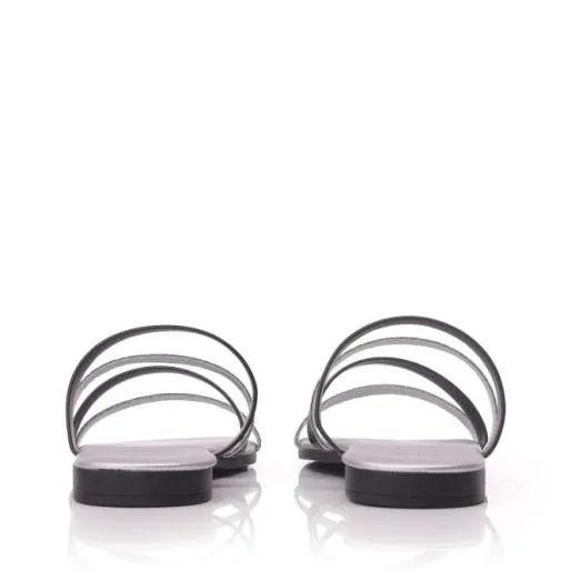 Lari Jet Black Leather Women Moda In Pelle Flat Sandals Lari Jet Black Leather Women Moda In Pelle Flat Sandals