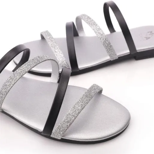 Lari Jet Black Leather Women Moda In Pelle Flat Sandals Lari Jet Black Leather Women Moda In Pelle Flat Sandals