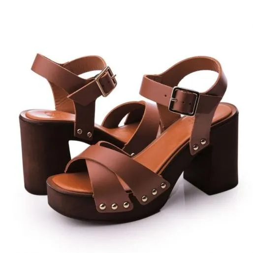 Lattia Tan Leather Women Moda In Pelle Heeled Sandals