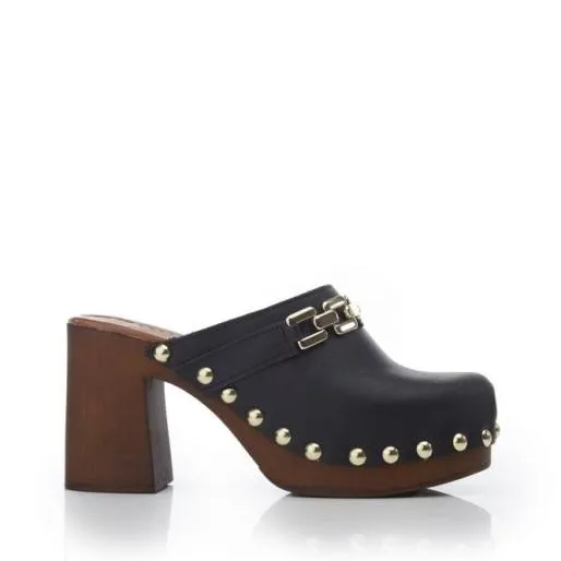 Lenna Black Leather Women Moda In Pelle Mule Sandals