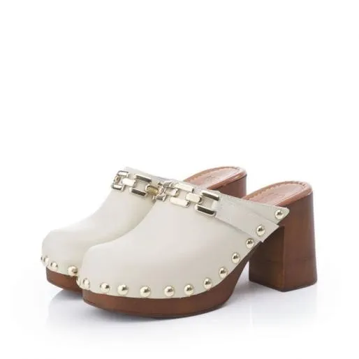 Lenna Cream Leather Women Moda In Pelle Mule Sandals