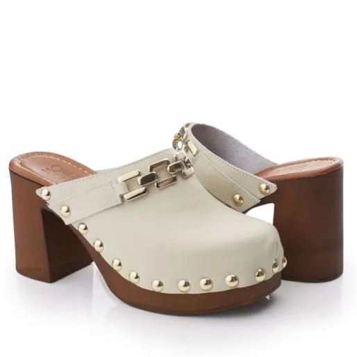 Lenna Cream Leather Women Moda In Pelle Mule Sandals