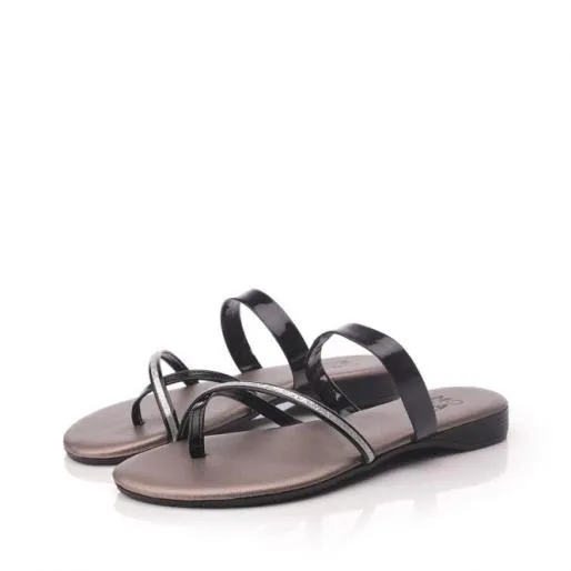Lisa Black Leather Women Moda In Pelle Flat Sandals Lisa Black Leather Women Moda In Pelle Flat Sandals