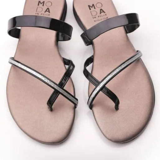 Lisa Black Leather Women Moda In Pelle Flat Sandals Lisa Black Leather Women Moda In Pelle Flat Sandals