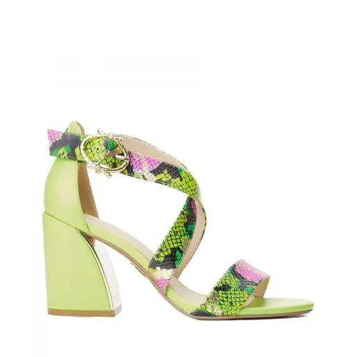 Loral Lime Green Snake Print Leather Women Moda In Pelle Heeled Sandals