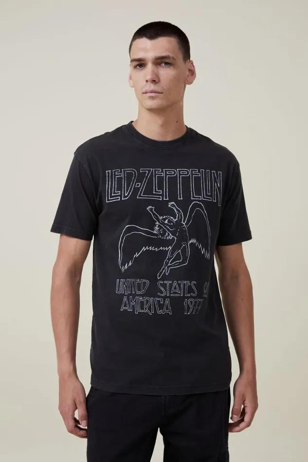 Men Graphic TShirts Cotton On Premium Loose Fit Music TShirt Lcn Led Washed Blackled Zeppelinicarus Logo Men Graphic TShirts Cotton On Premium Loose Fit Music TShirt Lcn Led Washed Blackled Zeppelinicarus Logo