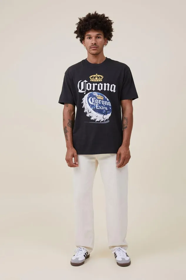 Men Graphic TShirts Cotton On Special Edition TShirt Lcn Cor Washed Blackcoronabottle Cap