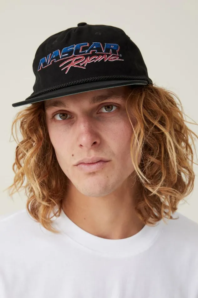 Men Hats Cotton On Nascar 5 Panel Graphic Hat Lcn Ncr Washed Black Racing Logo