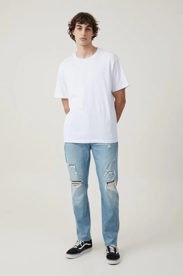 Men Jeans Cotton On Slim Straight Jean Cali Blue Ripped