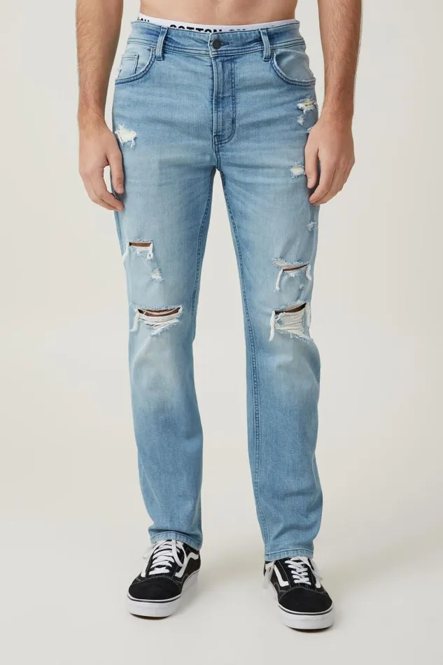 Men Jeans Cotton On Slim Straight Jean Cali Blue Ripped