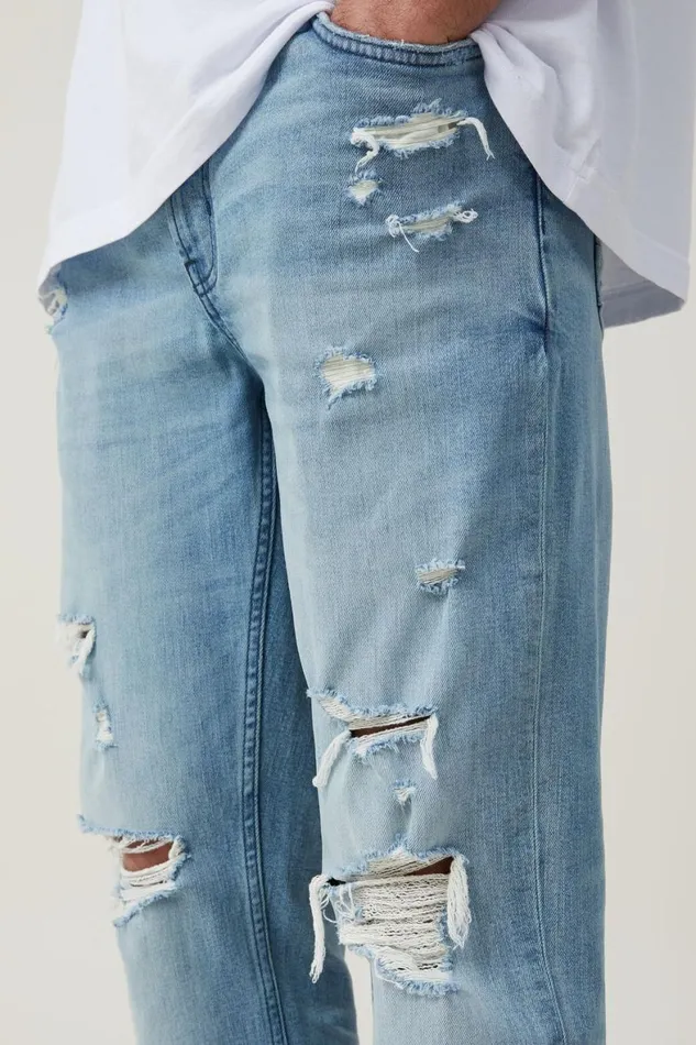 Men Jeans Cotton On Slim Straight Jean Cali Blue Ripped