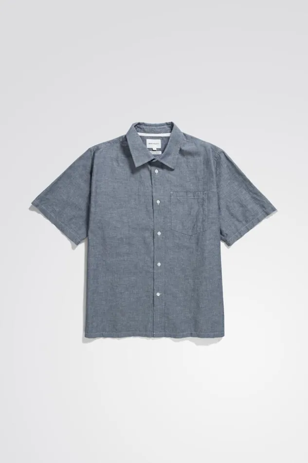 Men Norse Projects Shirting Ivan Relaxed Cotton Linen SS Shirt Dark Navy