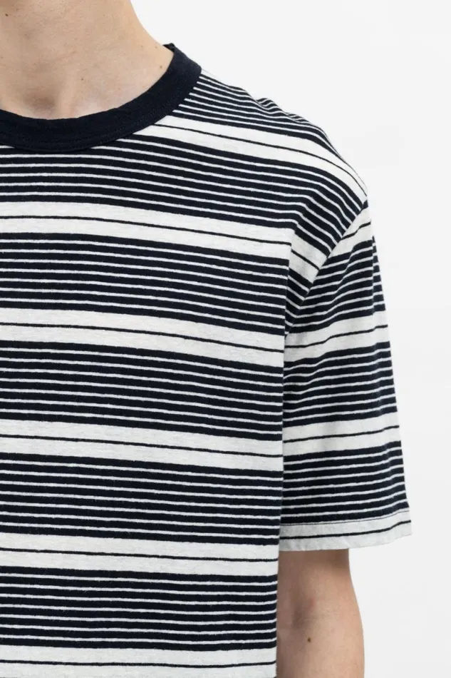 Men Norse Projects TShirts Johannes Sunbleached Stripe Dark Navy