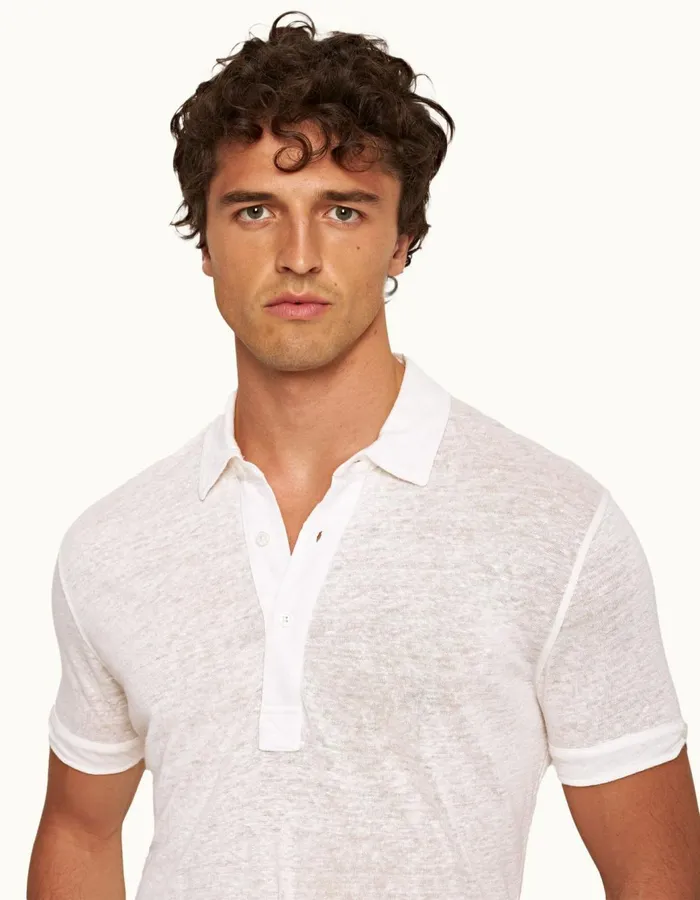 Men Orlebar Brown Polo Shirts Sebastian Linen White Sand