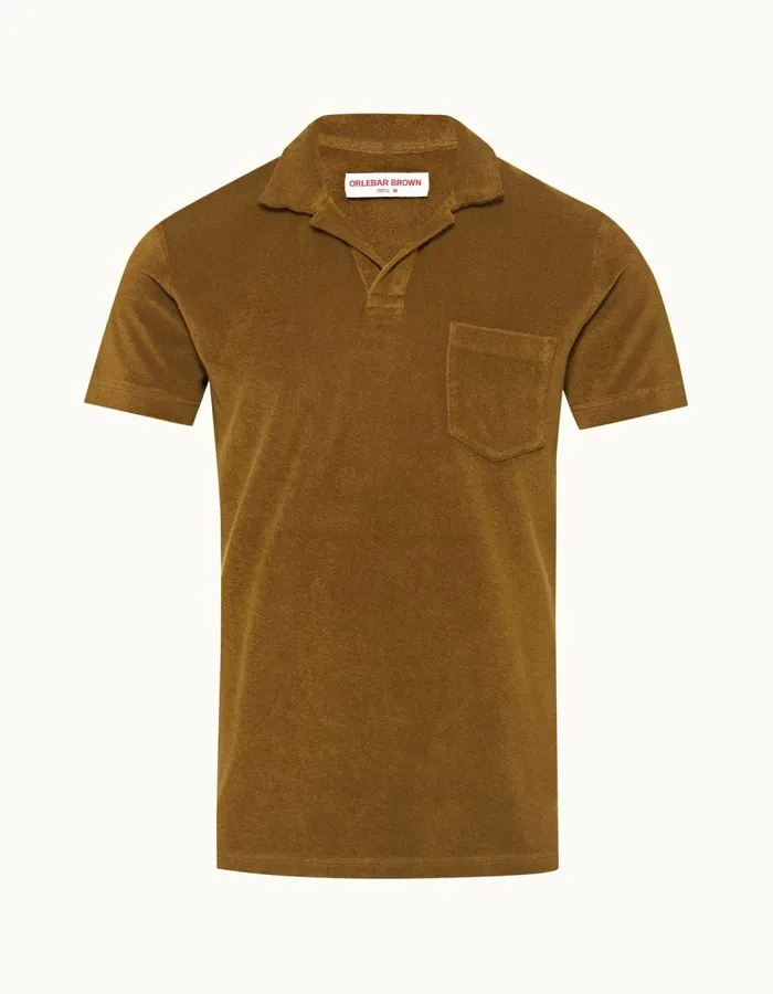 Men Orlebar Brown Polo Shirts Terry Towelling Golden Khaki