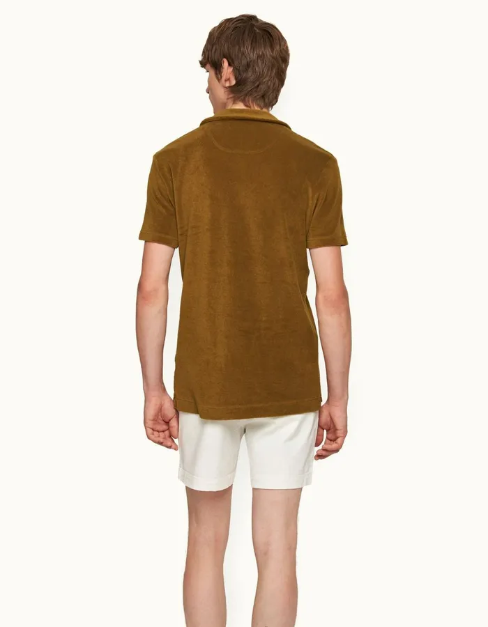 Men Orlebar Brown Polo Shirts Terry Towelling Golden Khaki