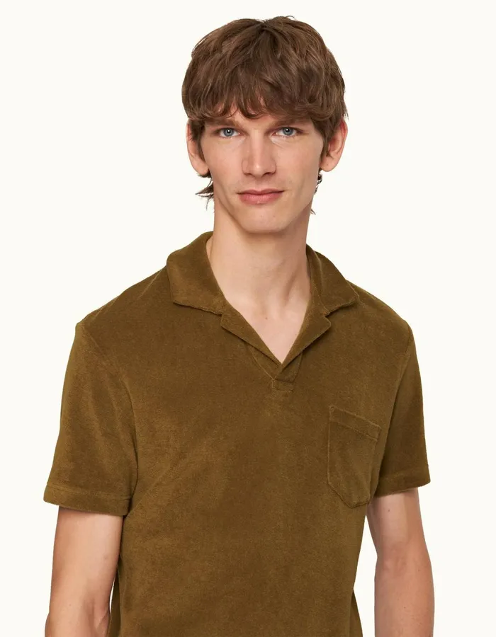 Men Orlebar Brown Polo Shirts Terry Towelling Golden Khaki
