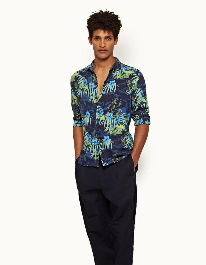 Men Orlebar Brown Shirts Giles Linen Night Iris
