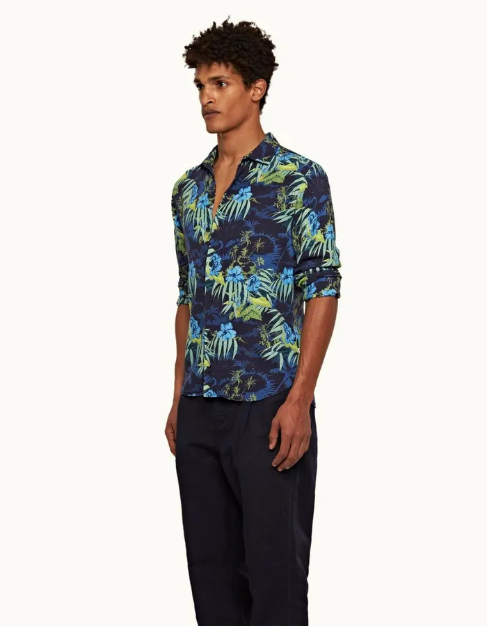 Men Orlebar Brown Shirts Giles Linen Night Iris