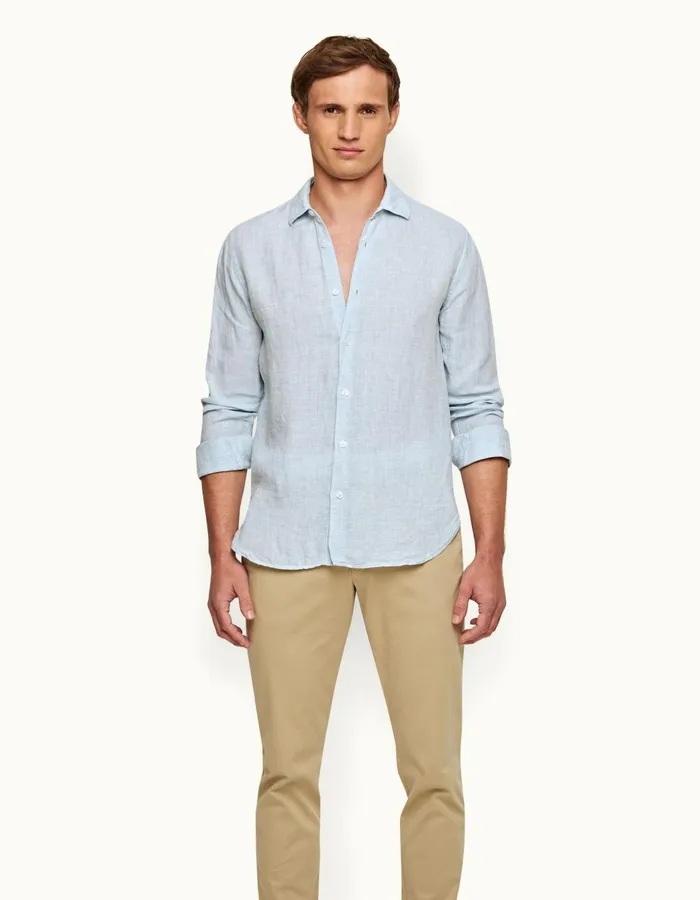 Men Orlebar Brown Shirts Giles Linen Pale Bluewhite