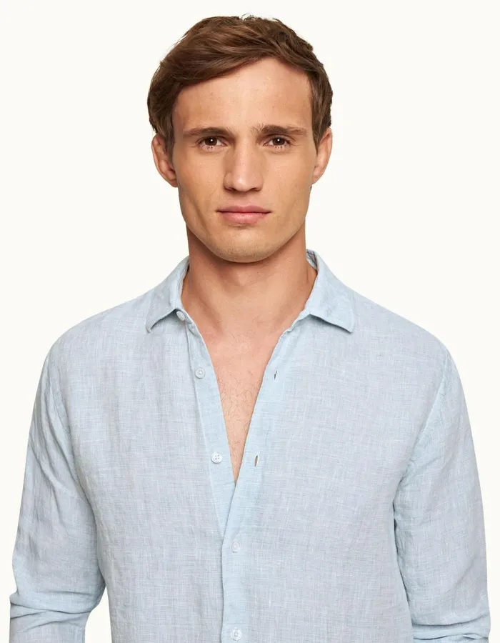 Men Orlebar Brown Shirts Giles Linen Pale Bluewhite