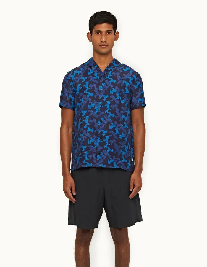 Men Orlebar Brown Shirts Hibbert Linen Dark Sapphire