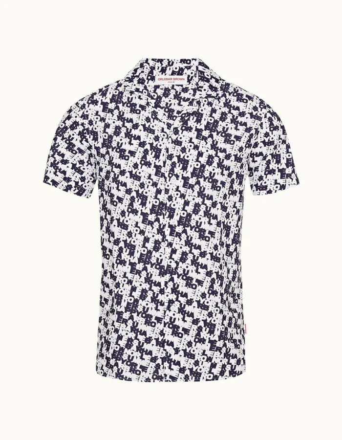 Men Orlebar Brown Shirts Hibbert Linen Navywhite