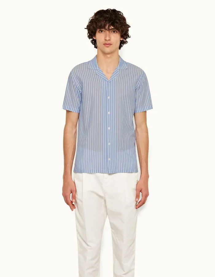 Men Orlebar Brown Shirts Hibbert Stripe Ice Bluewhite