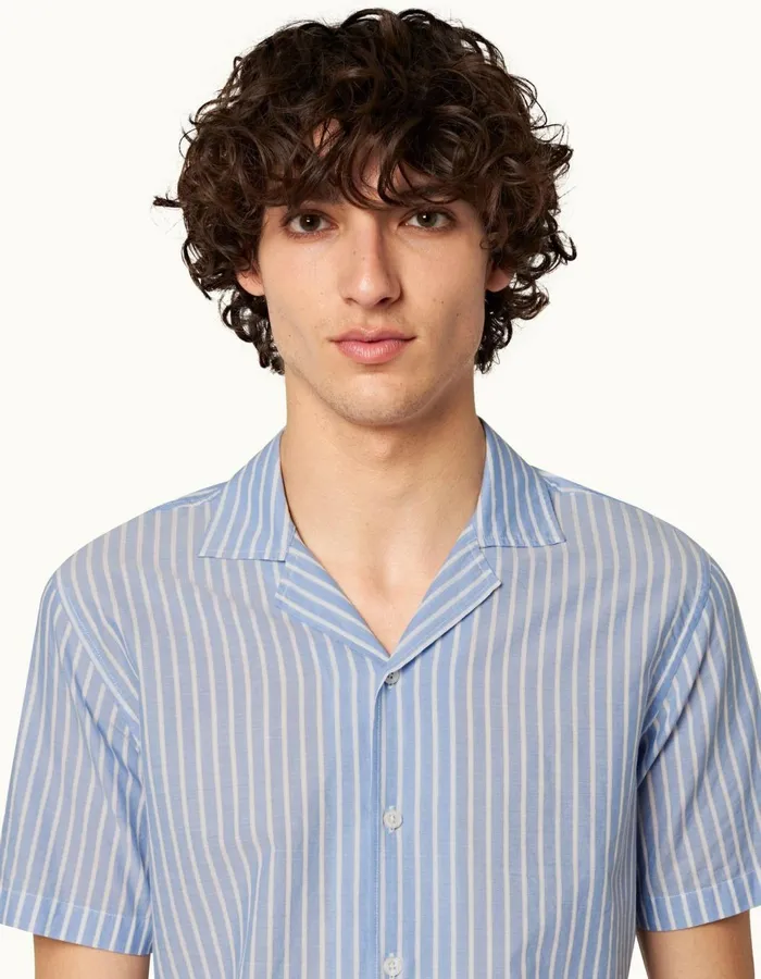 Men Orlebar Brown Shirts Hibbert Stripe Ice Bluewhite