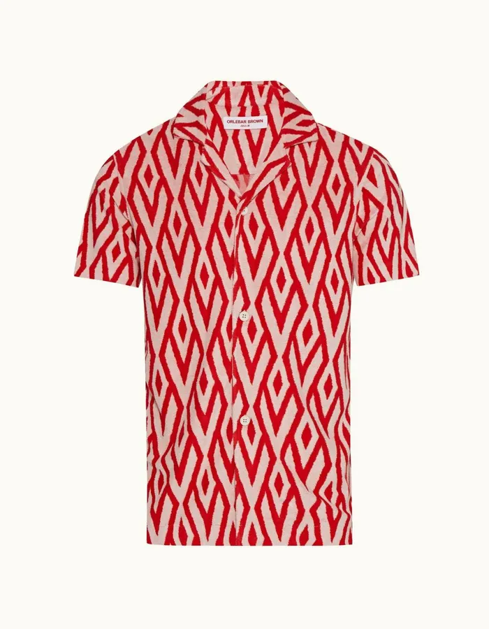 Men Orlebar Brown Shirts Howell Towelling Summer Redwhite Sand