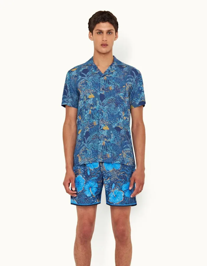 Men Orlebar Brown Shirts Travis Linen Night Iriscerulean
