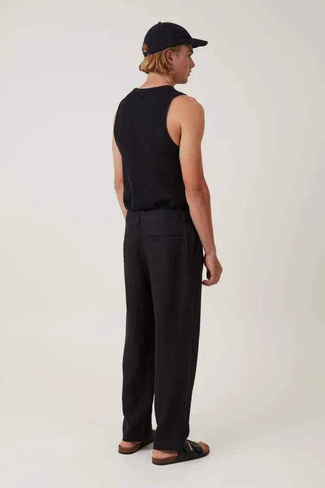 Men Pants Cotton On Linen Pleat Pant Black