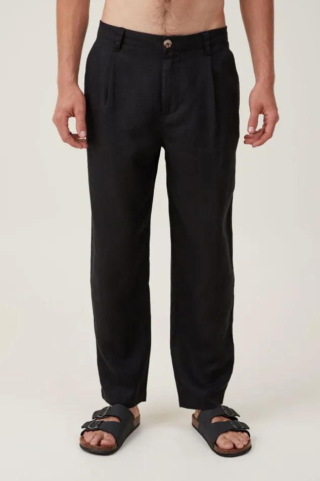 Men Pants Cotton On Linen Pleat Pant Black