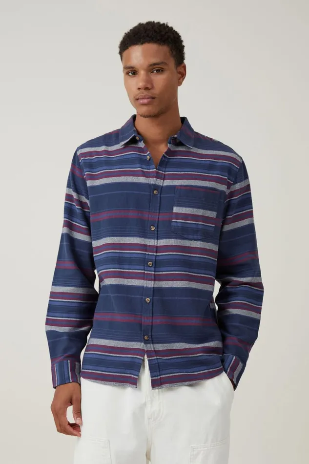 Men Shirts and Polos Cotton On Camden Long Sleeve Shirt Navy Stripe