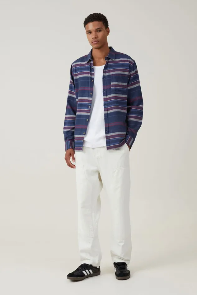 Men Shirts and Polos Cotton On Camden Long Sleeve Shirt Navy Stripe