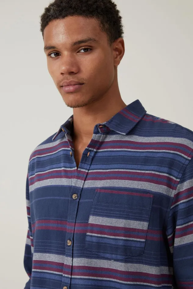 Men Shirts and Polos Cotton On Camden Long Sleeve Shirt Navy Stripe