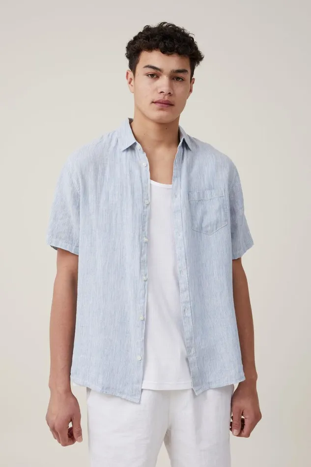 Men Shirts and Polos Cotton On Linen Short Sleeve Shirt Micro Blue Stripe