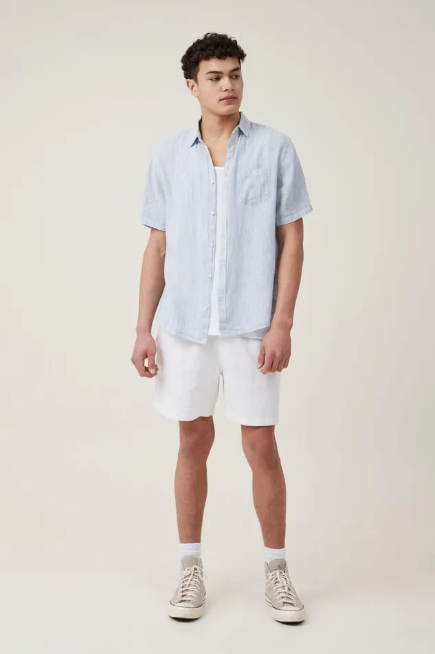 Men Shirts and Polos Cotton On Linen Short Sleeve Shirt Micro Blue Stripe