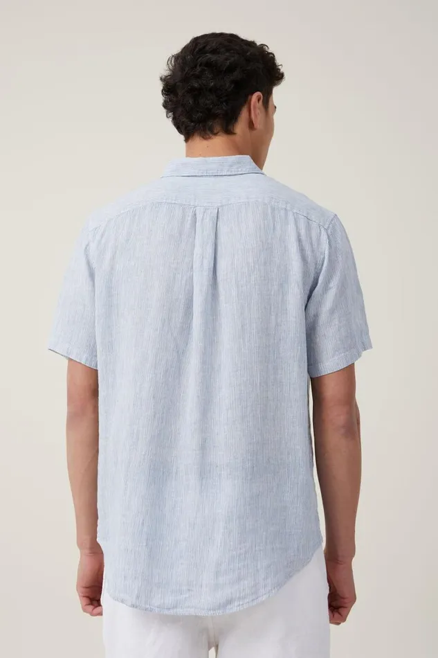 Men Shirts and Polos Cotton On Linen Short Sleeve Shirt Micro Blue Stripe