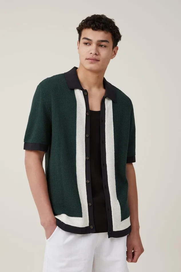 Men Shirts and Polos Cotton On Pablo Short Sleeve Shirt Green Border