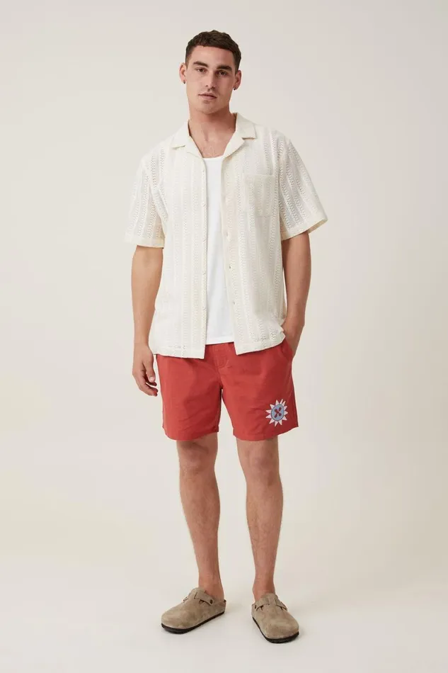 Men Shirts and Polos Cotton On Palma Short Sleeve Shirt Ecru Pattern