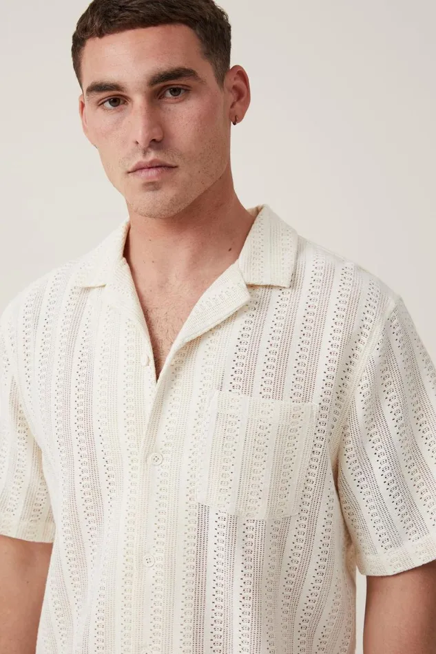 Men Shirts and Polos Cotton On Palma Short Sleeve Shirt Ecru Pattern