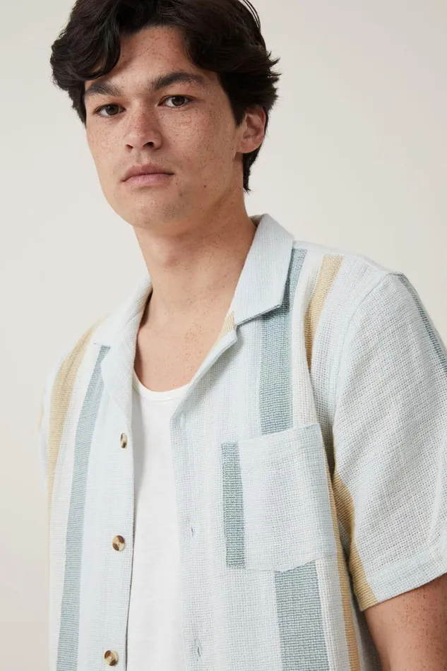 Men Shirts and Polos Cotton On Palma Short Sleeve Shirt Sky Blue Stripe