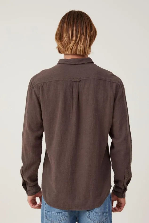 Men Shirts and Polos Cotton On Portland Long Sleeve Shirt Rich Brown Cheesecloth