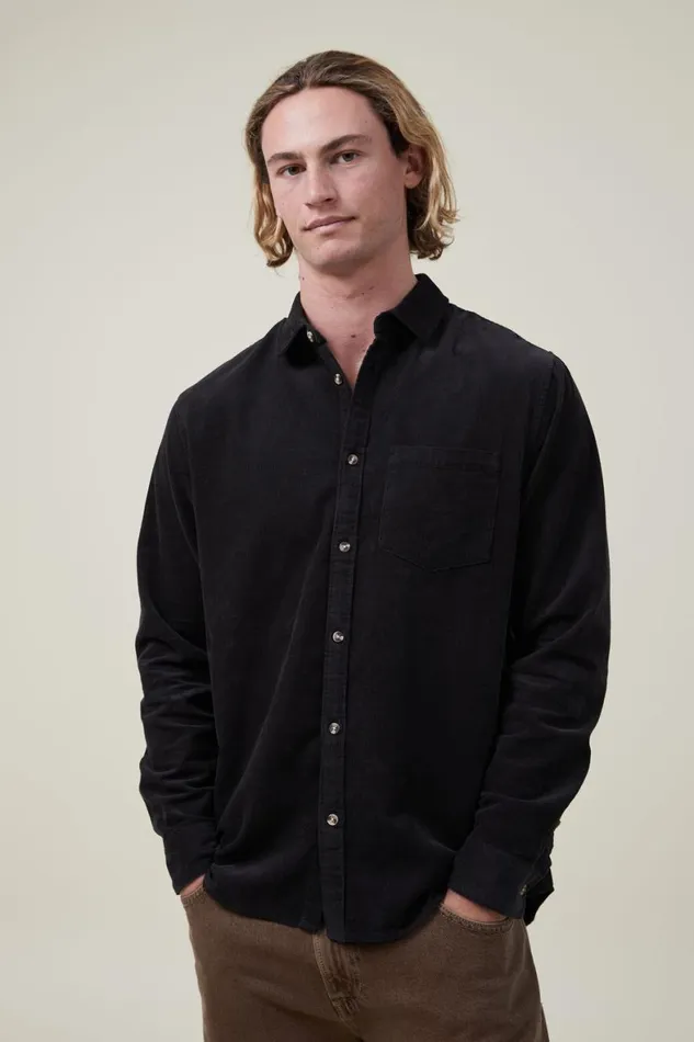 Men Shirts and Polos Cotton On Portland Long Sleeve Shirt Washed Black Cord